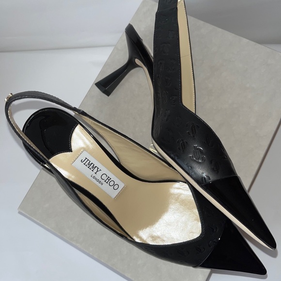 Jimmy Choo Black Monogram JC print and patent sling backs size $39'5 - Picture 3 of 9